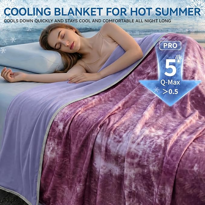Guohaoi Cooling Throw Blanket for Hot Sleepers, Full Size 60''×90'' Lightweight Breathable Summer Bed Blanket for Couch, Arc-Chill Q-Max >0.5 Cool Fiber,Lightweight Tie Dye Blanket Purple