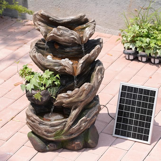 4-Tier Solar Water Fountain Outdoor Cascading Realistic Tree Trunk Waterfall Outdoor Fountains for Garden, Patio, Backyard, Deck, Porch, 25.2" H x 14.56" L x 10.24" W
