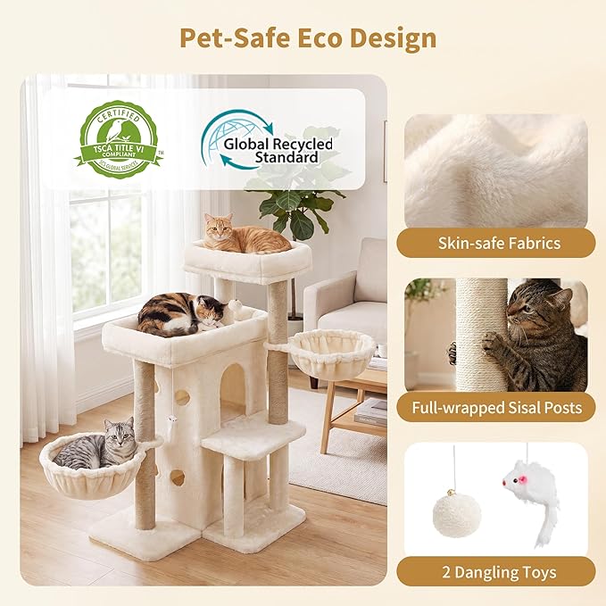 Heybly Cat Tree with Reinforced Big Base, 41.3-Inch Sturdy Cat Tower for Indoor Cats Featuring 2 Roomy Platforms, Double Cat Condo, 2 Cozy Baskets, Full Sisal Scratching Posts, Beige HCT075MJ