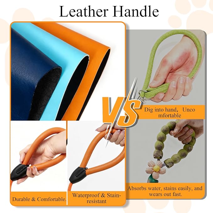 Rope Dog Leash, |Comfortable Leather Handle, Resistant to Dirt and bite | Strong Nylon Pet Lead for Small, Medium, Large Dogs (Orange, 6 FEET)