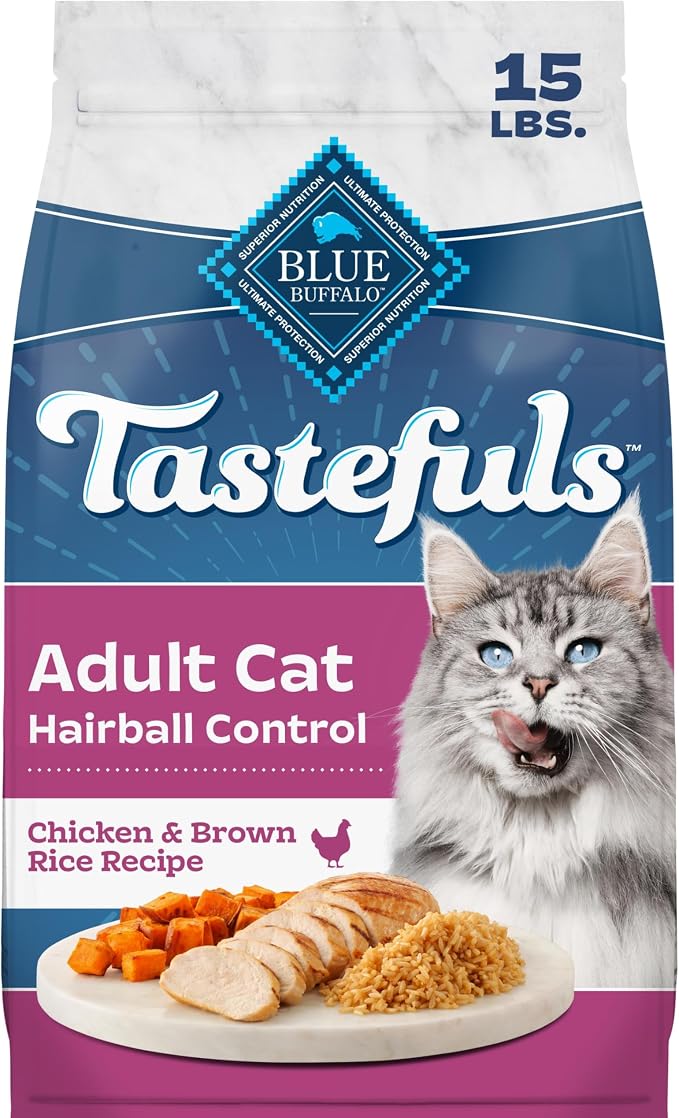 Blue Buffalo Tastefuls Chicken & Brown Rice Recipe Adult Dry Cat Food Hairball Control, Real Chicken First, Deliciously Healthy Natural Cat Food, Supports Digestive Care and Coat Health, 15 lbs.