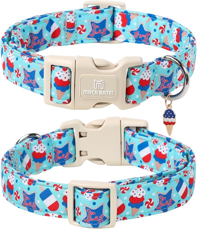 Maca Bates 4th of July Basic Dog Collar with Icecream Charm American Flag Patriotic 4 of 7 Pattern,Extra Small for Boy Girl,Adjustable Durable Blue Independence Day Gift for Male Female Puppy