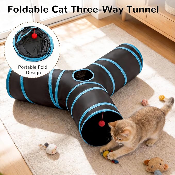 Tempcore Cat Tunnel for Indoor Cats, 3 Way Collapsible Pet Play Tunnel with Teaser Wand, Peek Holes & Hanging Ball, Interactive Tube for Kittens & Rabbits, Black & Blue Large Size