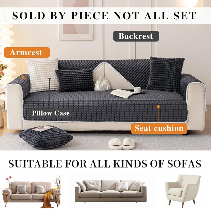 Velvet Couch Cover Sectional, Funny Fuzzy Pet Couch Covers for Armrest, Plush Warm Sofa Covers for Pets Washable, Non-slip Couchs Cover for Pets & Kids(1PC, Dark Grey, 27.6"×27.6", Single Seater)