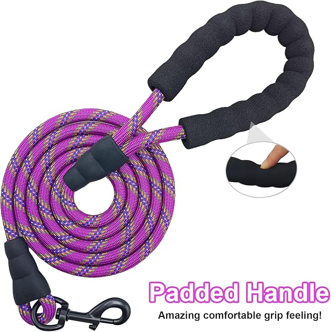 MayPaw Heavy Duty Rope Dog Leash, 6/8/10/15/20/30 FT Nylon Pet Leash, Soft Padded Handle Thick Lead Leashes for Large Medium Dogs (Purple, 1/2" * 8')