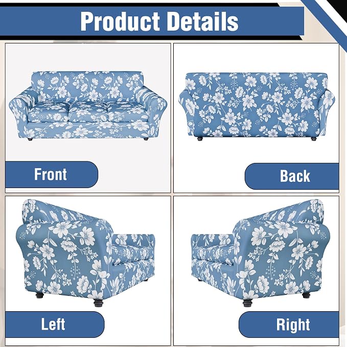 Stretch Couch Covers for 3 Separate Cushion Couch Sofa,Floral Printed Couch Sofa Cover,Washable Sofa Slipcover,Pet Friendly Furniture Protector with Elastic Bottom,Universal Fit for Home(Sofa,Cover)