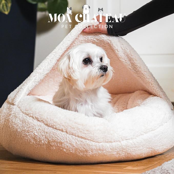 Mon Chateau Nestled Boucle Hooded Pet Bed, Plush Cat or Dog Bed with Hooded Cover, Waterproof and Machine Washable with Anti-Skid Bottom, Designed for Comfort and Safety, Cloud White