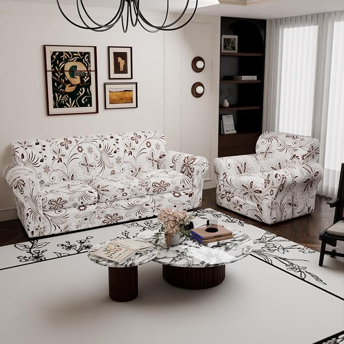 Stretch Couch Covers, Floral Printed Sofa Covers,2 Piece Armchair Slipcover with Separate Sect Cover,Washable Sofa Slipcover, Pet Friendly Furniture Protector Fit for Home (Armchair,White Texture)