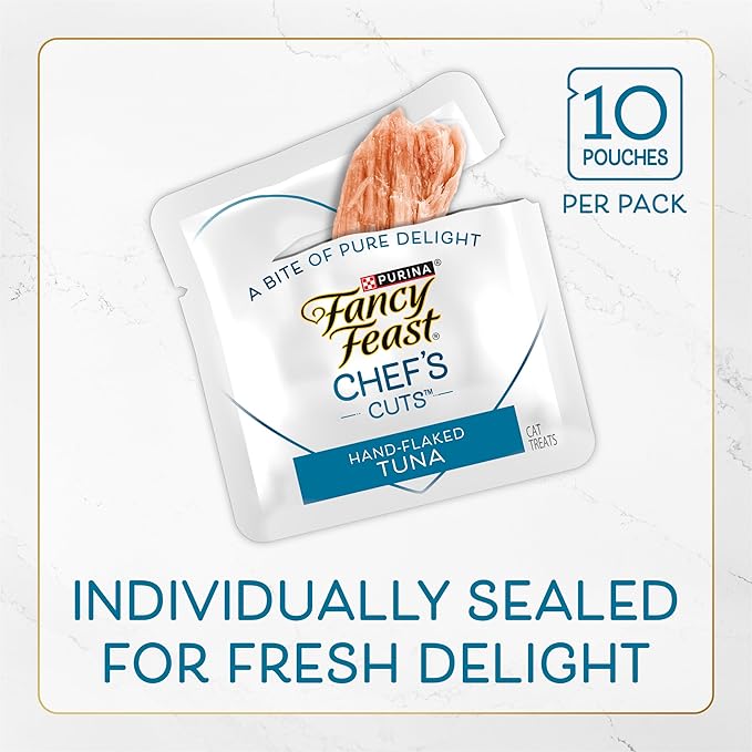 Purina Fancy Feast Purely Hand-Flaked Tuna Cat Treats, Steam-Baked Real Tuna, Pack of 5, 10 Count Pouches