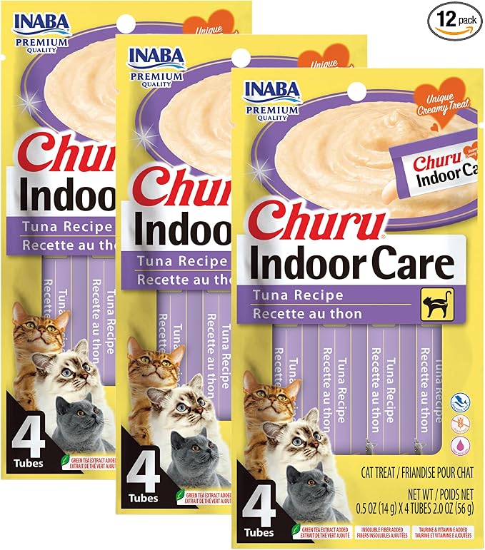 INABA Churu for Cats, Functional, Creamy Lickable Purée Cat Treat for Indoor Care and Hairball Control with Taurine & Vitamin E, 0.5 Ounces Each, 12 Tubes (4 per Pack), Tuna Recipe