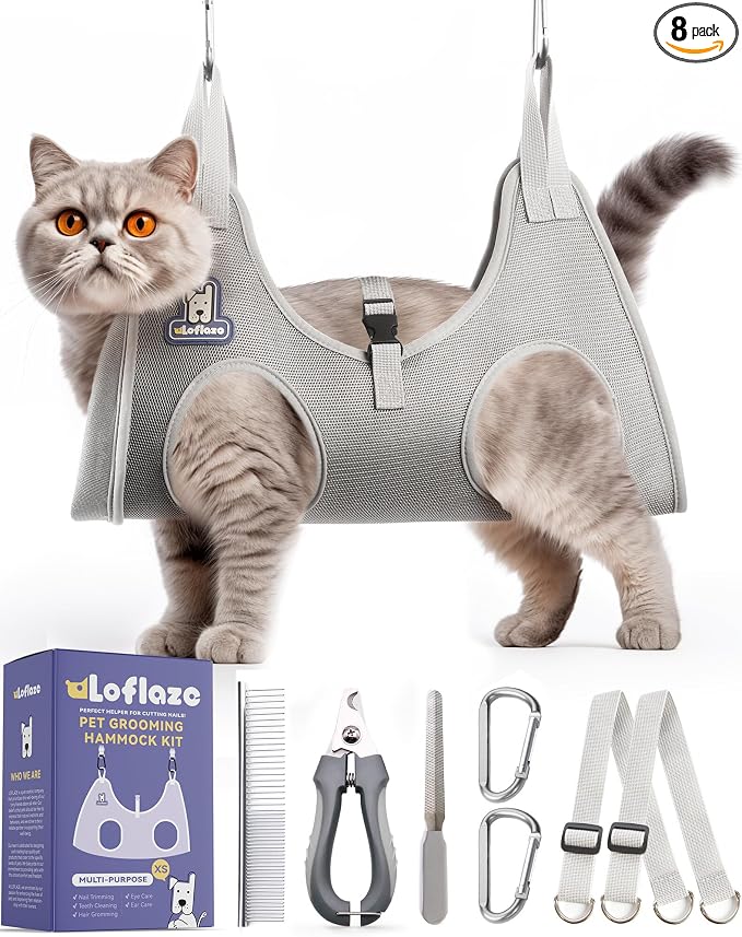 Loflaze Dog Grooming Hammock Harness for Dogs & Cats with Pet Nail Clipper Trimmer - Cat Hanger Sling for Trimming Clipping Nails- Dog Hammock Restraint Bag for Small Medium Large pet （ Grey XS）