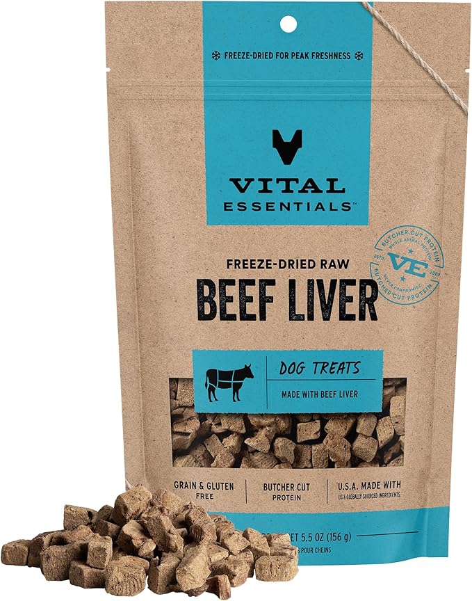 Vital Essentials Freeze Dried Dog Treats | Beef Liver, Single Ingredient | Premium Quality | Grain Free Training Treats for Dogs, 5.5 oz Bag