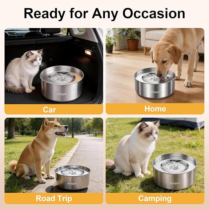 304 Stainless Steel Dog Water Bowl No Spill, 101oz/3L Large Capacity Pet Water Dispenser with Floating Disk, Non-Slip Slow Drink Feeder for Cat, Anti-Gulping & Splash Proof for Travel, Car & Home