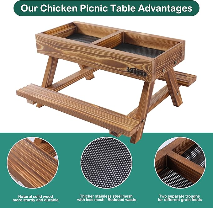 Boulphia Chicken Feeders and Waterers, Chicken Feeder No Waste Kit with Picnic Table and 2 Water Feeder, Handmade Wooden Chicken Supplies & Accessories for Chicken Coop