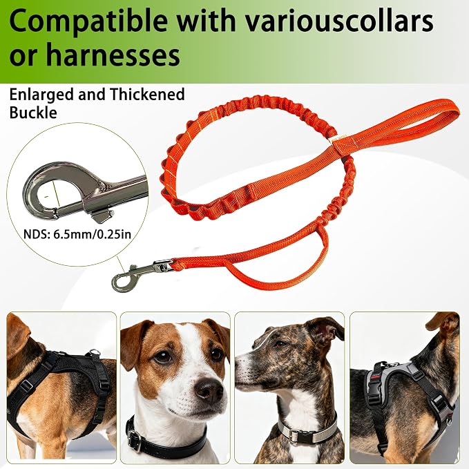 FOVRLZSE Reflective Bungee Dog Leash(Orange) - 4FT to 5FT Adjustable Shock Absorbing Leash with Double Padded Handle & 360° No Tangle Metal Clasp for Small Medium Large Dogs