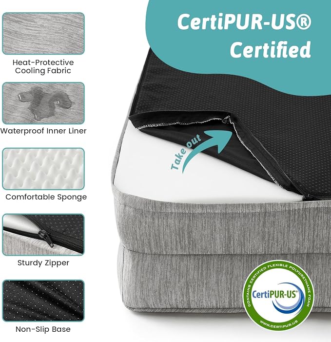 COZY KISS Cooling Dog Bed for Medium Dogs, 36"x27" Orthopedic Foam Sofa with Bolster Sides, Q-Max >0.4 Cooling Technology, Cool Pet Bed with Removable Washable Cover, Grey
