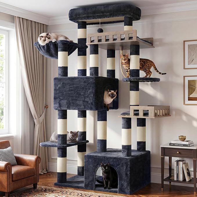 Gitelsnour Maine Coon Cat Tree, Heavy Duty Cat Tree for Indoor Cats Large Adult, Cat Tower for Large Cats 20 lbs+ with Hammock, 2 Big Perches, 2 Cat Condos, 15 Scratching Posts, Smoky Gray GCT033G