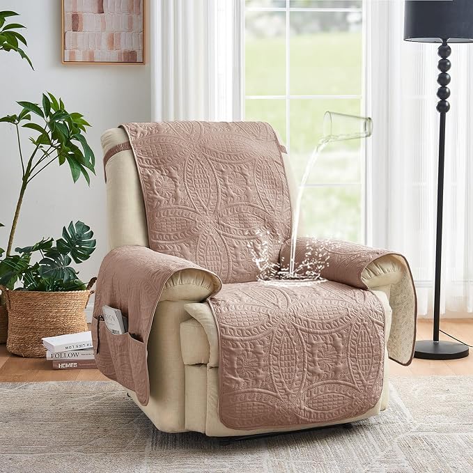 Quilted Recliner Chair Covers, Water-Repellent Recliner Slipcovers, Recliner Covers Stay in Place, Pet Friendly Recliner Cover for Dogs, Washable Couch Protector (Recliner 22", Dusty Pink)