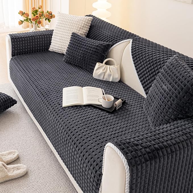 Velvet Couch Cover Sectional, Funny Fuzzy Pet Couch Covers for 3 Cushions Sofa, Plush Warm Sofa Covers for Pets Washable, Non-slip Couchs Cover for Pets & Kids(1PC, Dark Grey, 35.4"×82.6")