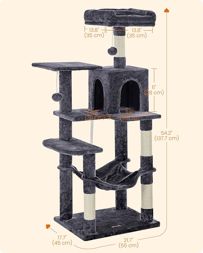 Feandrea Cat Tree, 54.2-Inch Cat Tower, Plush Multi-Level Condo with 4 Scratching Posts, 2 Perches, Hammock, Cave, Smoky Gray UPCT161G01