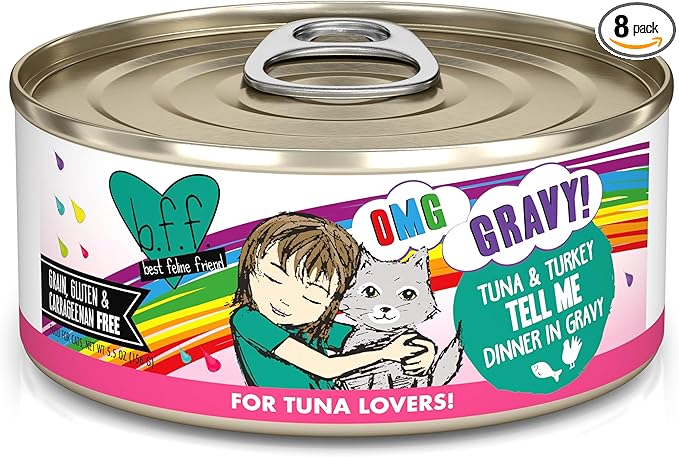 Weruva B.F.F. OMG - Best Feline Friend Oh My Gravy!, Tuna & Turkey Tell Me with Tuna & Turkey, 5.5oz Can (Pack of 8)