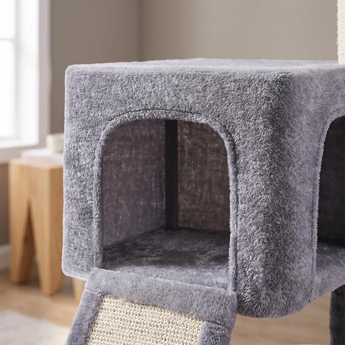 Roypet 32" Cat Tree for Indoor Cats, 2-in-1 Cat House with Sisal Scratching Post & Ramp, 2-Level Cat Tower with Rotatable Feather & Ball Toys, Stable Grey Cat Condo for Small/Medium Cats, Grey