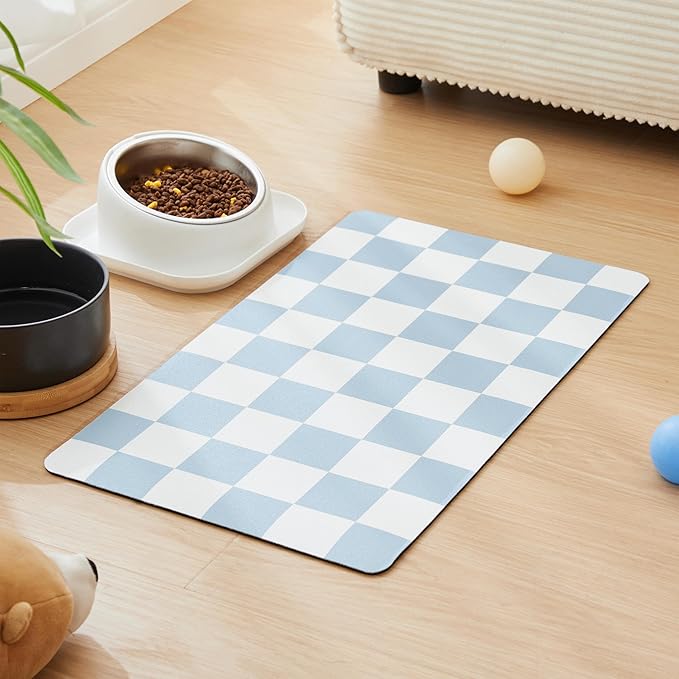 Checkered Dog Feeding Mat, Absorbent Mats for Dog Food and Water Bowl, Dispenser, Retro Aesthetic Cute Blue Checkerboard Pet Placemat for Dogs, Cats, Puppy Accessories, 12" X 19”
