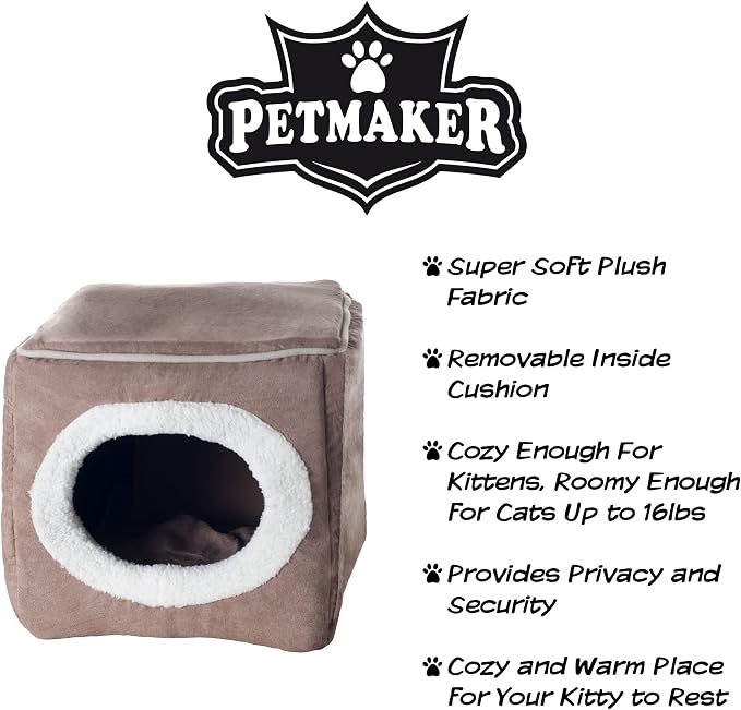 Cat House - Indoor Bed with Removable Foam Cushion - Cat Cave for Puppies, Rabbits, Guinea Pigs, and Other Small Animals by PETMAKER (Light Brown) (Pack of 2)