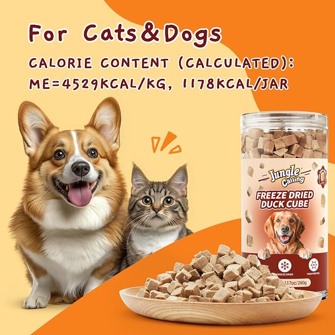 Jungle Calling Freeze Dried Duck Dog & Cat Treats, Single Ingredient Duck Bites for Cats & Dogs, Grain Free High Protein Training Treats & Food Topper, 9.17 oz