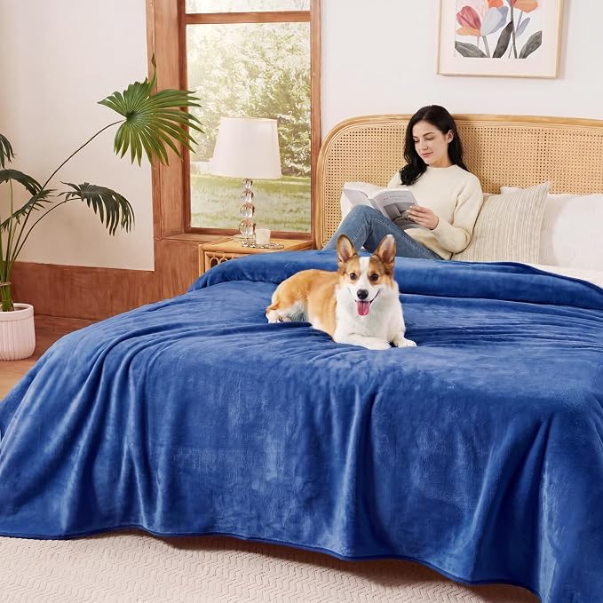 Sunheir Waterproof Blanket for King Size Bed - 108"x86" Soft Reversible Sherpa Fleece Flannel Dog Blankets for Large Dogs, Pet Blanket for Bed, Couch, Soft Plush Furniture Protector, Blue
