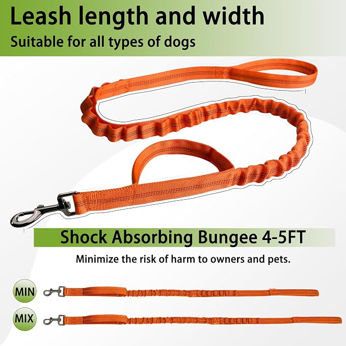 FOVRLZSE Reflective Bungee Dog Leash(Orange) - 4FT to 5FT Adjustable Shock Absorbing Leash with Double Padded Handle & 360° No Tangle Metal Clasp for Small Medium Large Dogs