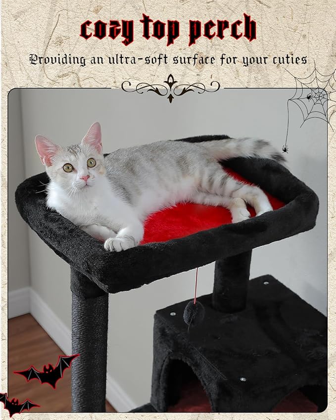 MUTTROS Gothic Cat Tree with Super Large Hammock, 56.3" Black Cat Tower with Coffin Bed, Cat Condo, Sisal Scratching Posts & Top Perch, Multi-Level Goth Cat Tree, Halloween, Black