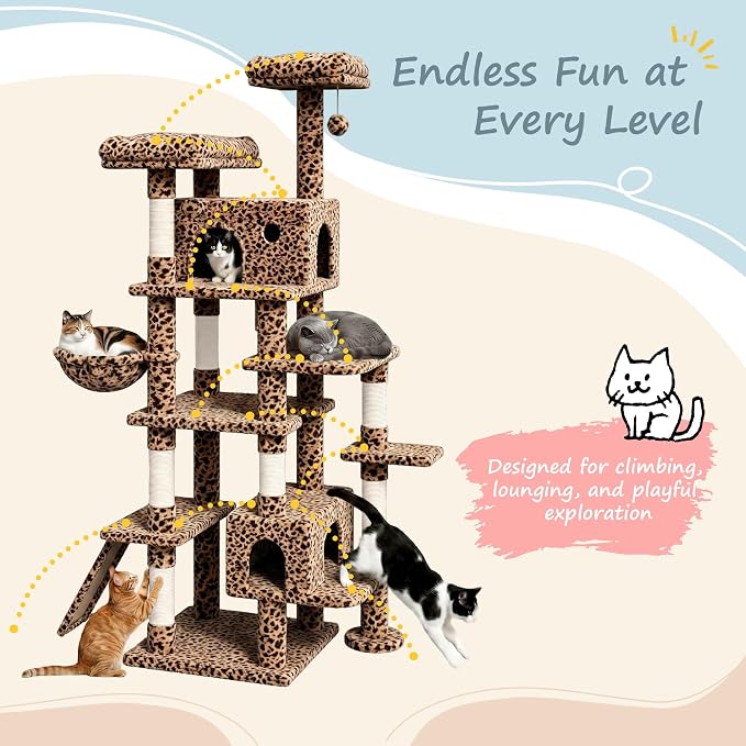 SHA CERLIN 82 inch, Multi-Level Cat Tree Tower for Indoor Cats, Cat Condo with Sisal Scratching Posts, Plush Perches, Hammocks, Toy Balls, Leopard Print