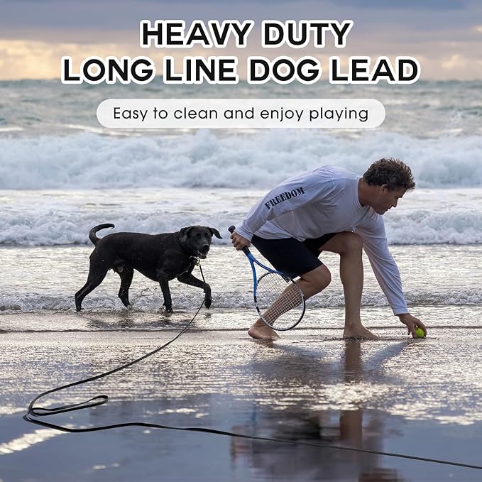Wolfone 50ft Black Heavy Duty Robust Training Dog Leash with Anti-Slip Handle，Waterproof Long Dog Leash for Outdoor Activities