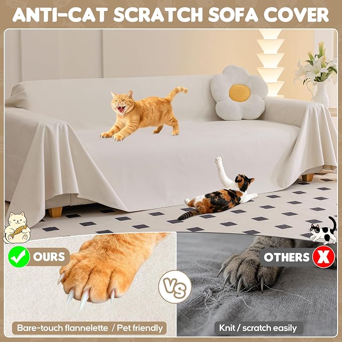 Loiion Velvet Sofa Cover, Ultra Soft Waterproof Non-Slip Couch Cover for Pets, Cat-Scratch Resistant Couch Cover, Pet & Kid Proof Scratch & Hair Resistant Washable Furniture Protector 118"X71" Beige