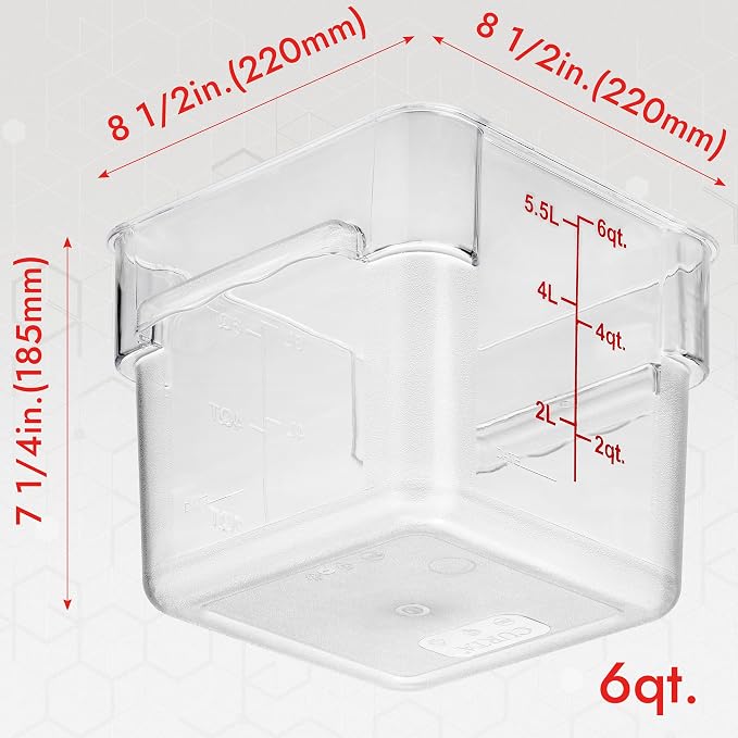 CURTA 8-Pack 6 Qt NSF Clear Polycarbonate Food Storage Containers with Red Lids - Square, Commercial-Grade, Freezer & Dishwasher Safe, Stackable