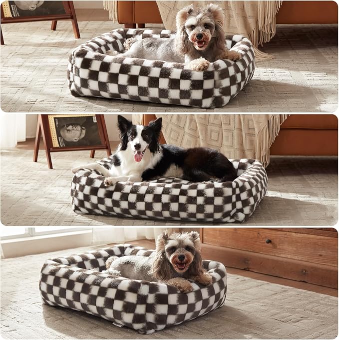 JOEJOY Dog Bed Medium Size Dog, Removable Washable Cover Orthopedic Soft Pet Bed, Anti-Slip Fluffy Plush Faux Rabbit Fur Puppy Bed, 30"x24"x8", Checkered, Brown