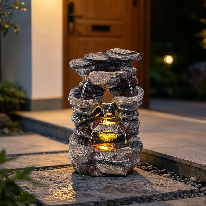 Solarbloom 18.9" H Water Fountain Outdoor/Indoor, 4-Tier Spiral Cascading Stacked Garden Fountain with LED Lights, Resin Waterfall Feature for Patio, Garden, Backyard, Deck, Home Decor