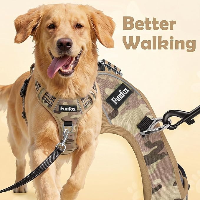 Funfox Dog Harness No Pull, Adjustable Pet Vest Harness, Super Soft Material with Vertical Handle Easy Control, Reflective Night Walking, 2 Leash Clips for Large Dogs, Camo Brown, L