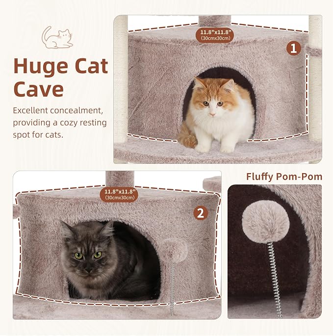 Gitelsnour Corner Cat Tree for Indoor Cats, Cat Tower with All Sisal Scratching Posts, Multi-Level Cat Condo wth 2 Large Cat Caves, Big Top Perch, 2 Hanging Baskets, Sisal Ramp, Mushroom GCT035MU