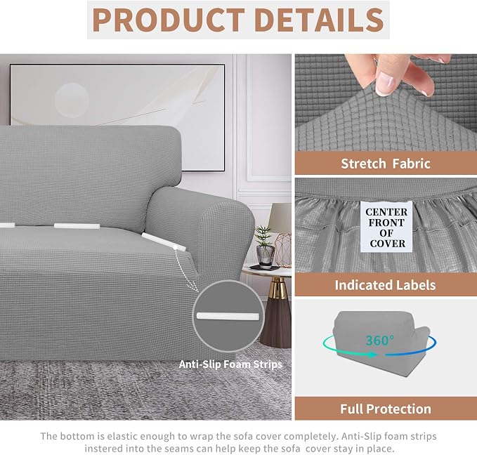 Easy-Going 100% Waterproof Loveseat Couch Cover, Dual Waterproof Sofa Cover, Stretch Jacquard Sofa Slipcover, Leakproof Furniture Protector for Kids, Pets, Dog and Cat (Loveseat, Light Gray)