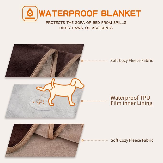 Waterproof Dog Blankets, 30"x40" Cat Blanket for Indoor Cats, Soft Fluffy Sofa Car Bed Protector, Reversible Leakproof Flannel Puppy Blanket for Small Medium Dogs(Brown)