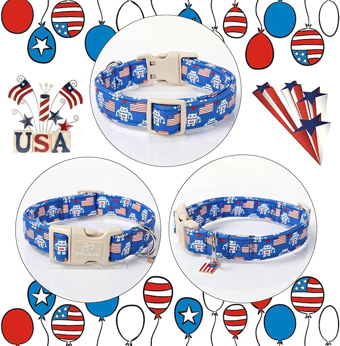 4th of July Dog Collar, Robot Star-Spangled Patriotic Dog Collars for Small Dogs, Adjustable Lightweight Quick-Release Buckle Collar for Boy&Girl Dogs S