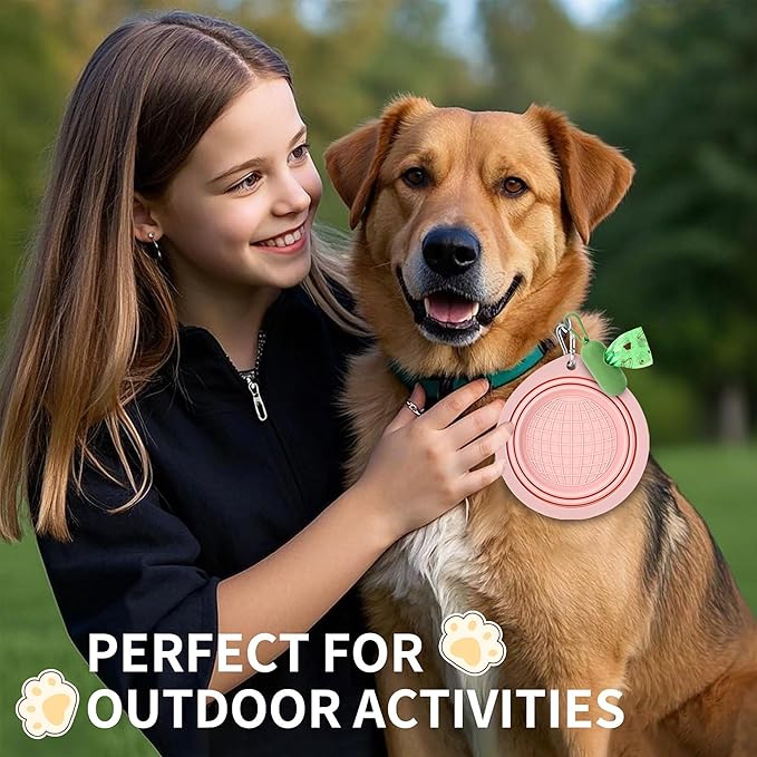 3 Pack Collapsible Dog Bowls,Pet Bowls with Pet Poop Bag Dispenser Set,Portable Silicone Travel Dog Bowls for Walking,Hiking,Camping,Outdoor Travel(Pink&Green)