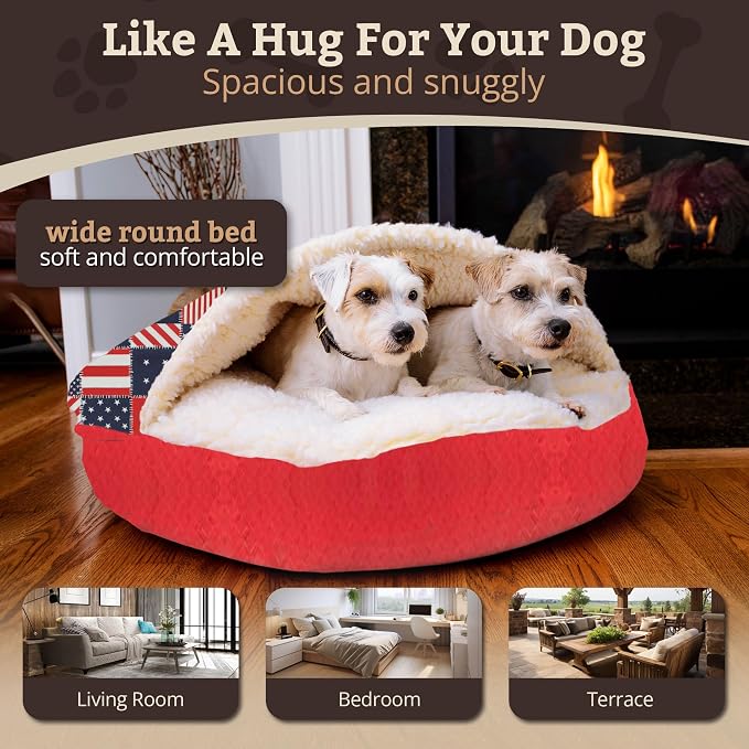 Snoozer Cozy Cave Dog Bed - Indoor Dog Bed with Cover Cave, Covered Calming Burrow for Small Sized Pets with Blanket Attached, Enclosed, Removable Washable Cover - Small, Starpatch Red Diamond