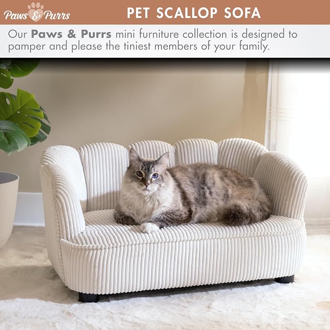 Paws & Purrs Retro Scalloped Back Sofa Style Pet Bed, Dog & Cat Couch with Tufted Cushion & Armrest, Stylish Indoor Pet Furniture, Cream