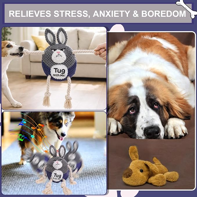BABORUI Interactive Dog Toys, Easter Squeaky Dog Rope Toys with Recording and Music Modes, Dogs Tug Toy for Small/Medium/Large Dogs to Keep Them Busy (Blue Bunny)
