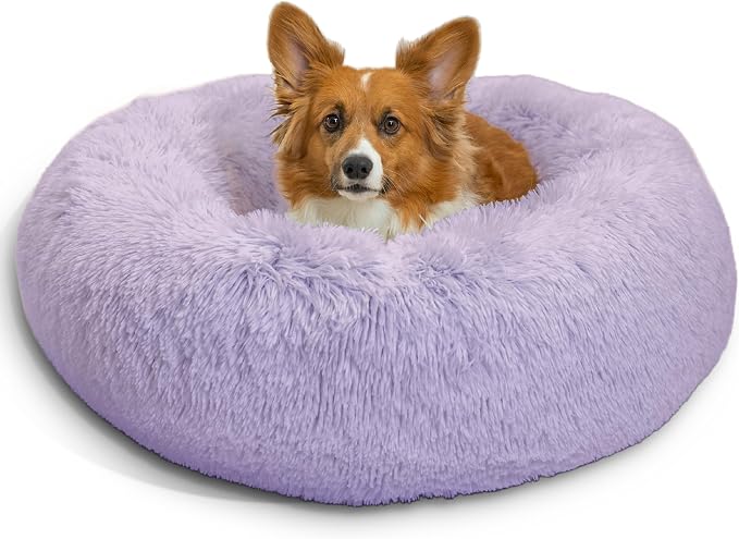Best Friends by Sheri The Original Calming Donut Dog Bed for Medium Dogs up to 45 lbs, Shag Faux Fur, Lavender, 30" x 30"