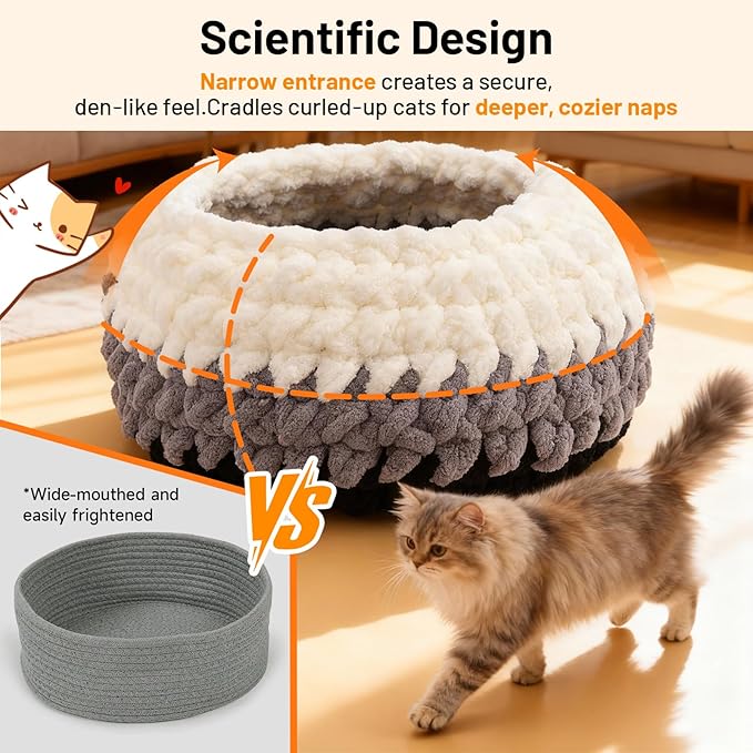 Handwoven Soft Cat Cave Bed, Indoor Cat Beds with Washable Round Nest, Kitten House & Cat Furniture, White & Gray