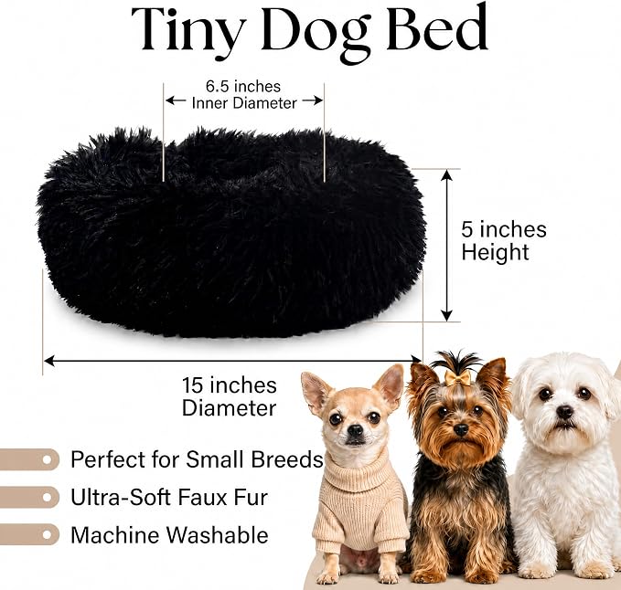 Tiny Dog Bed 15 Inch for Extra Small Dogs,Washable Puppy Bed,Soft Faux Fur Calming Donut Bed for Chihuahua Yorkie Maltese Pomeranian,Black